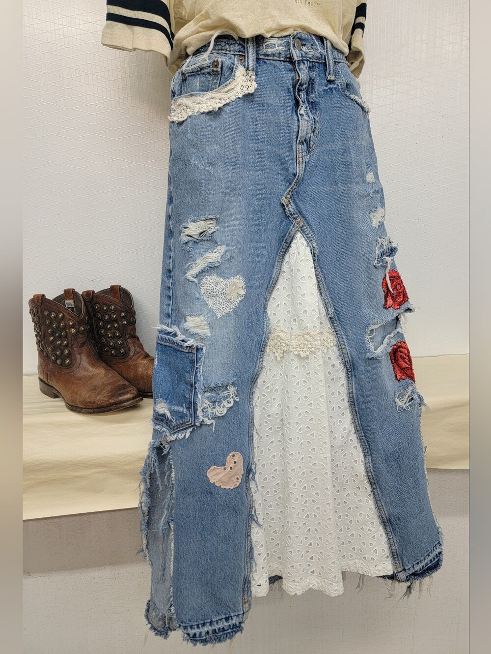 Maxi Patchwork Jean Skirt- Upcycled Cottage Grunge Shabby